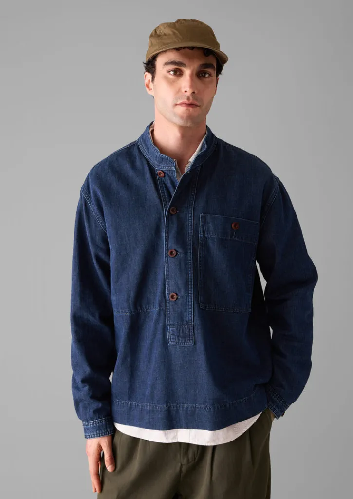 TOAST Grandad Collar Half Placket Denim Shirt- Denim|Workwear
