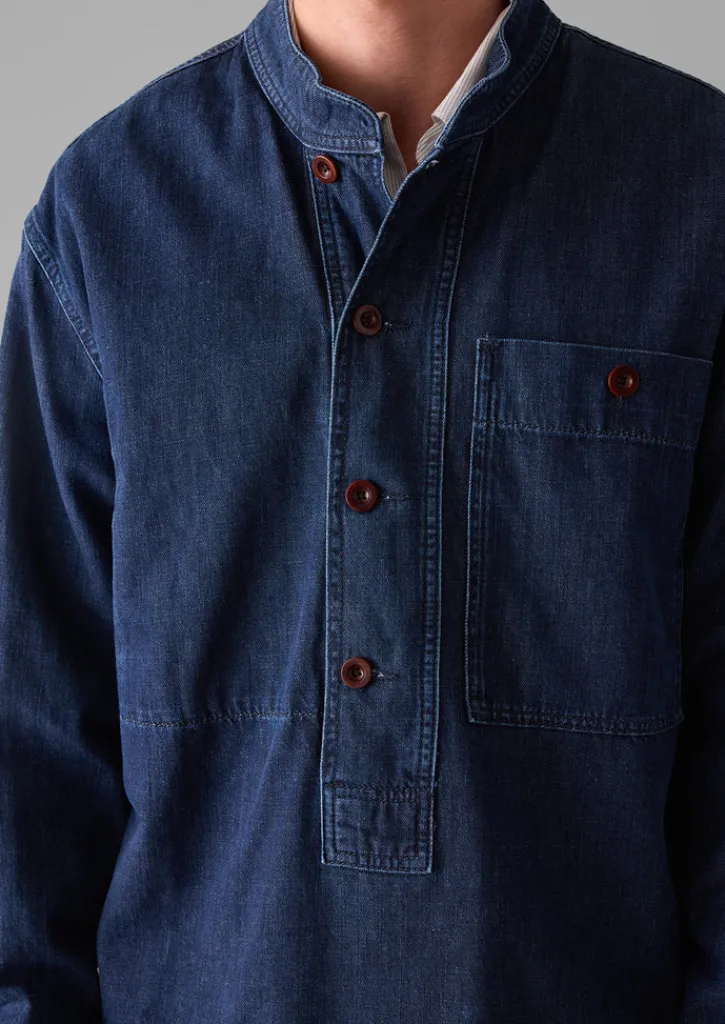 TOAST Grandad Collar Half Placket Denim Shirt- Denim|Workwear