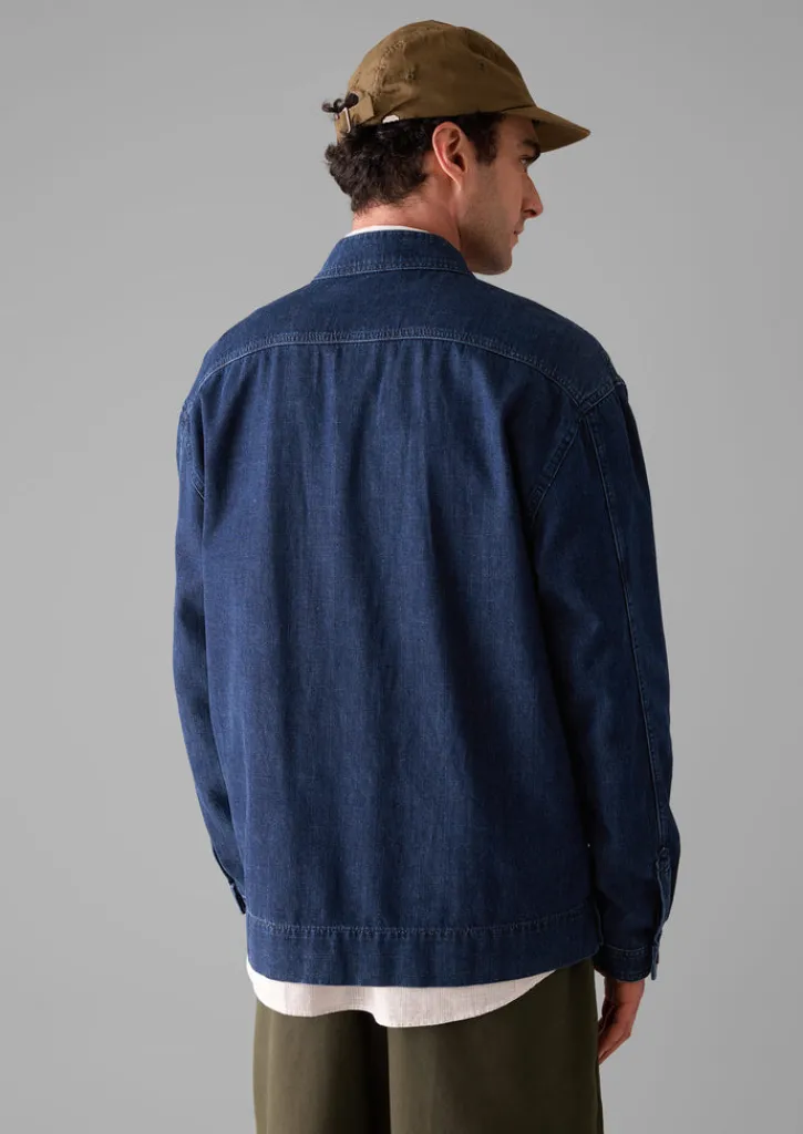 TOAST Grandad Collar Half Placket Denim Shirt- Denim|Workwear
