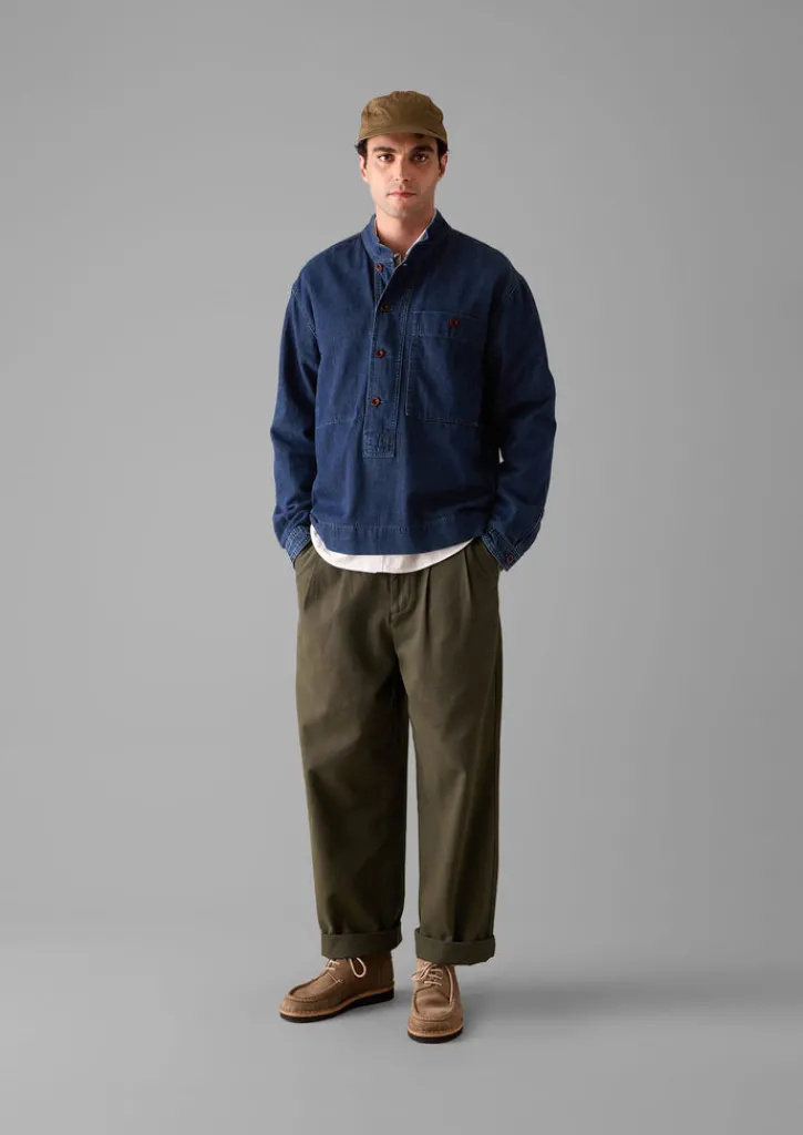 TOAST Grandad Collar Half Placket Denim Shirt- Denim|Workwear