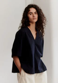TOAST Textured Cotton Poplin V-Neck Top-Women Tops & Tees